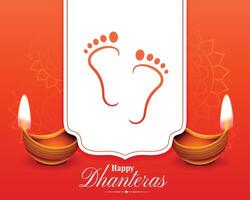 happy dhanteras wishes card with oil lamp and goddess feet design vector