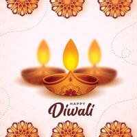 shubh diwali poster background with isolated diya and floral decoration vector