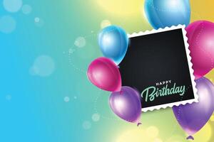 happy birthday colorful balloons background with photo frame vector