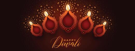 shinny happy deepavali banner with realistic oil diya design vector