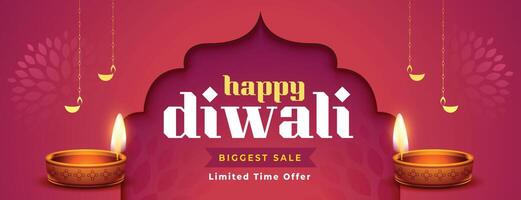 traditional happy diwali sale banner with oil lamp design vector