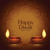 happy diwali decorative realistic diya design background vector