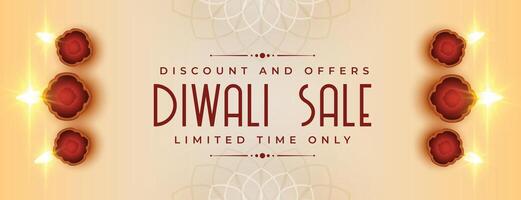 realistic shubh diwali sale banner with shiny diya design vector