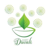 creative diya with leaf design for eco green diwali background vector