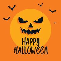 Scary moon face and bats on happy halloween card vector