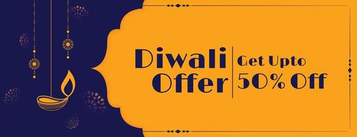 shubh diwali festival oferta bandera con colgando diya vector