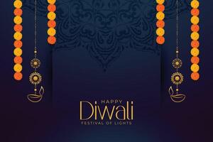 premium shubh diwali greeting card with lantern and flowers design vector