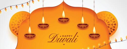 decorative diwali festival banner with lantern and glowing diya vector