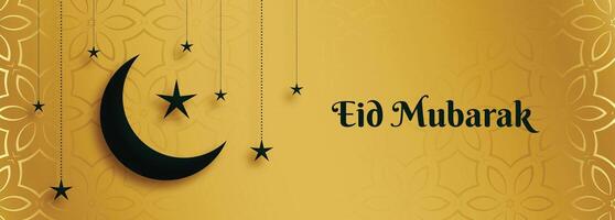 golden eid mubarak banner with moon and star vector