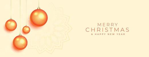 merry christmas banner with orange baubles decoration vector