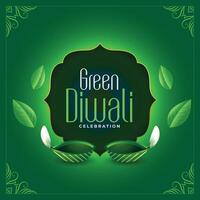 happy green diwali traditional background with diya and leaves design vector