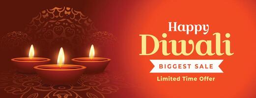 happy diwali biggest sale banner with diya on rangoli design vector