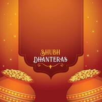 shubh dhanteras greeting background with golden coin in kalasha vector