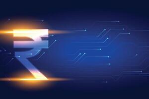 shiny indian rupee digital currency background with circuit lines vector