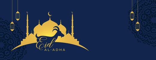 eid al adha mubarak festival banner with lantern and golden mosque vector