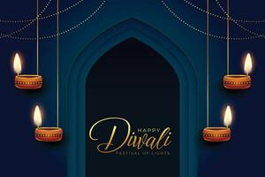 indian religious diwali festival background with hanging diya vector