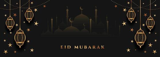 eid Mubarak negro y oro festival bandera diseño vector