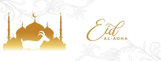 eid al adha mubarak in golden and white banner with mosque and arabic floral design vector