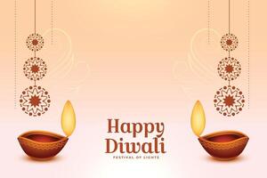 happy diwali festival background with oil diya and paisley design vector