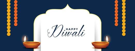 happy diwali banner with diya and flower decoration vector