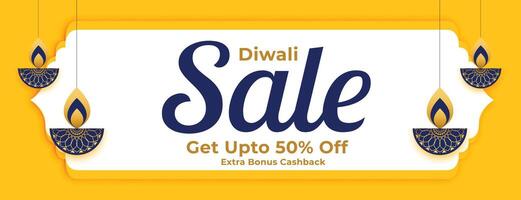 traditional shubh diwali sale and offer banner with hanging diya vector