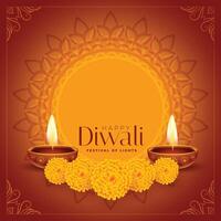 happy diwali decorative diya and flowers background vector