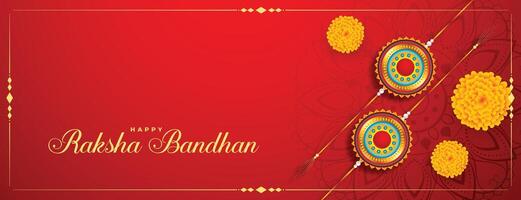 raksha Bandhan festival bandera con rakhi y maravilla flor vector