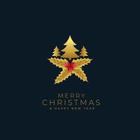 merry christmas golden tree and leaves decoration vector