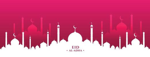 eid al adha mubarak with islamic mosque in flat colors banner vector