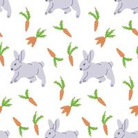 Easter bunny with carrots seamless pattern. Flat hand drawn colored elements on white background. Unique retro print design for textile, wallpaper, interior, wrapping. Easter holiday concept vector