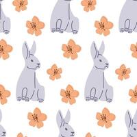 Cute sitting bunny with spring flowers seamless pattern. Flat hand drawn colored elements on white background. Unique retro print design for textile, wallpaper, interior, wrapping vector