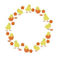 Easter flat wreath with baby chicken and flowers. Spring holiday concept. Sketchy hand drawn elements on white background. Ideal for as template for greetings, banner and background vector