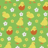 Spring flat colored seamless pattern with chicks. Flat birds with flowers on green background. Unique retro print design for textile, wallpaper, interior, wrapping vector