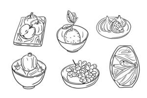 Collection of sketchy drawings of fruits on plates. Vector black outline sketchy drawings of groups of fruits on white background. Ideal for coloring pages, tattoo, pattern