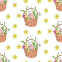 Easter basket seamless pattern with flowers. Flat hand drawn colored elements on white background. Unique retro print design for textile, wallpaper, interior, wrapping. Easter holiday concept vector