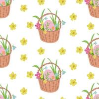 Easter basket seamless pattern with flowers. Flat hand drawn colored elements on white background. Unique retro print design for textile, wallpaper, interior, wrapping. Easter holiday concept vector