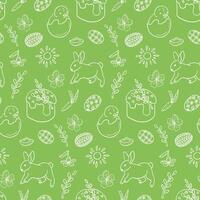 Easter outline seamless pattern with Easter cake. White doodle Easter bunny, basket, easter eggs and swallow on green background. Spring holiday design for decoration, wrapping, banner vector