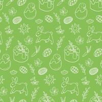 Easter outline seamless pattern with Easter cake. White doodle Easter bunny, basket, easter eggs and swallow on green background. Spring holiday design for decoration, wrapping, banner vector