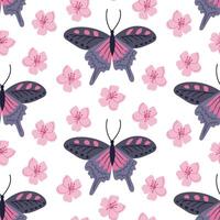 Bright butterfly with blossom seamless pattern. Flat hand drawn colored elements on white background. Unique print design for textile, wallpaper, interior, wrapping. Spring concept vector