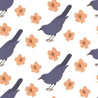 Spring bird with flowers seamless pattern. Flat hand drawn colored elements on white background. Unique retro print design for textile, wallpaper, interior, wrapping. Spring concept vector