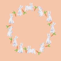 Easter flat wreath with Easter bunny and carrots. Spring holiday concept. Sketchy hand drawn elements on orange background. Ideal for as template for greetings, banner and background vector