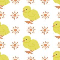 Cute Easter chick with sun seamless pattern. Flat hand drawn colored elements on white background. Unique retro print design for textile, wallpaper, interior, wrapping. Easter holiday concept vector
