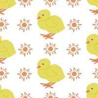 Cute Easter chick with sun seamless pattern. Flat hand drawn colored elements on white background. Unique retro print design for textile, wallpaper, interior, wrapping. Easter holiday concept vector