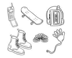 Sketchy drawings of teenager stuff from 90s. Vector vintage hand drawn outline doodles isolated on white background. Retro concept. Ideal for coloring pages, tattoo, pattern