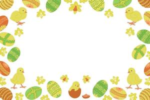 Easter horizontal banner for social media. Frame template or design print with Easter basket and easter eggs on white background. Good for banner, background, social media graphics vector