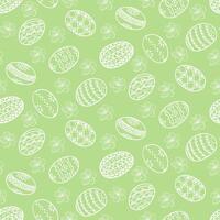 Easter outline sketchy seamless pattern. White doodle Easter eggs and flowers on green background. Spring holiday design for decoration, wrapping, banner vector