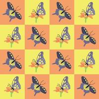 Butterfly contrast geometric seamless pattern. Flat hand drawn insects in contrast squares. Unique retro print design for textile, wallpaper, interior, wrapping. Spring concept vector