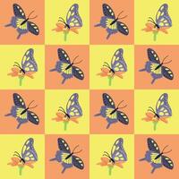 Butterfly contrast geometric seamless pattern. Flat hand drawn insects in contrast squares. Unique retro print design for textile, wallpaper, interior, wrapping. Spring concept vector