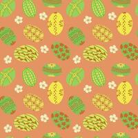 Easter flat colored seamless pattern with eggs. Flat colored decorated eggs with flowers on orange background. Unique retro print design for textile, wallpaper, interior, wrapping vector