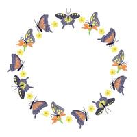 Spring wreath with butterflies and flowers. Spring nature concept. Sketchy hand drawn elements on white background. Ideal for as template for greetings, banner and background vector